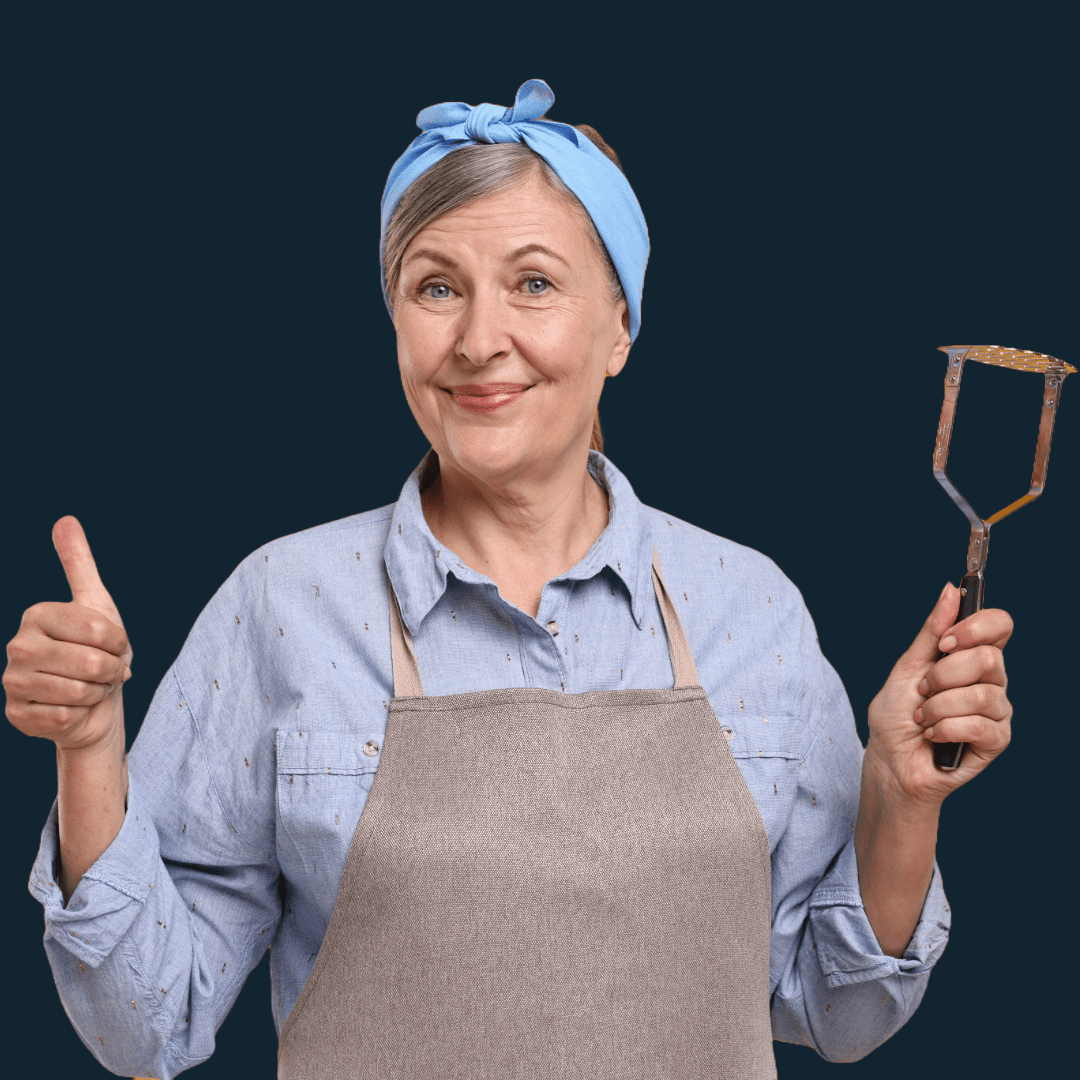 An older lady holding a potato masher to illustrate the reduction of image file sizes