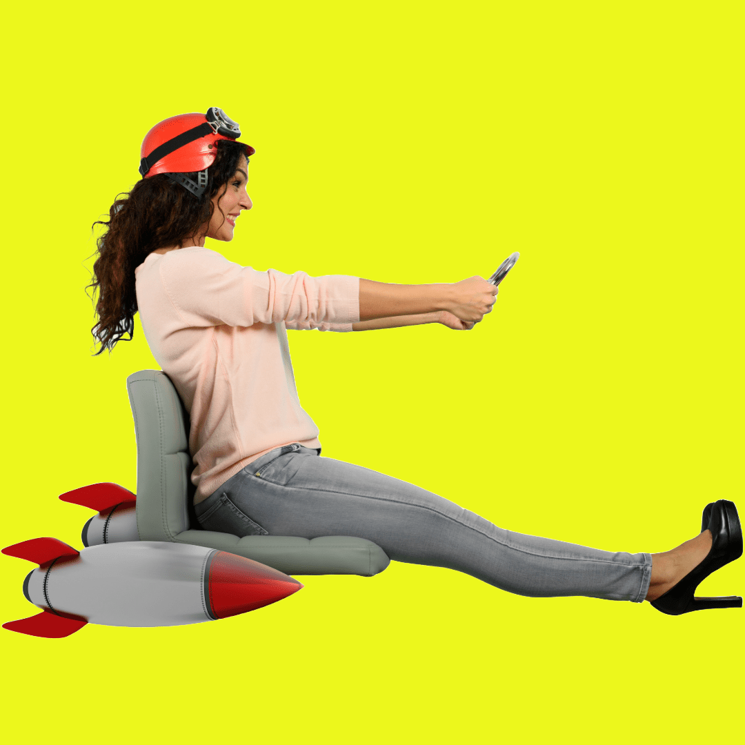 A woman on a seat powered by two small rockets to illustrate the power of the Velocity plugin to speed up your website.